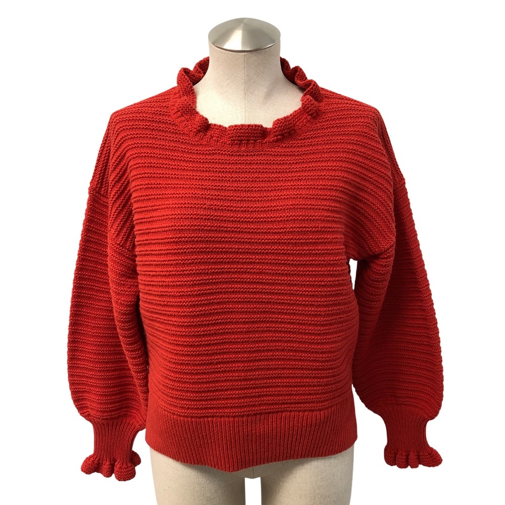 Madewell Sweater Womens Medium Red Ruffle Neck Balloon Sleeve Cotton Merino